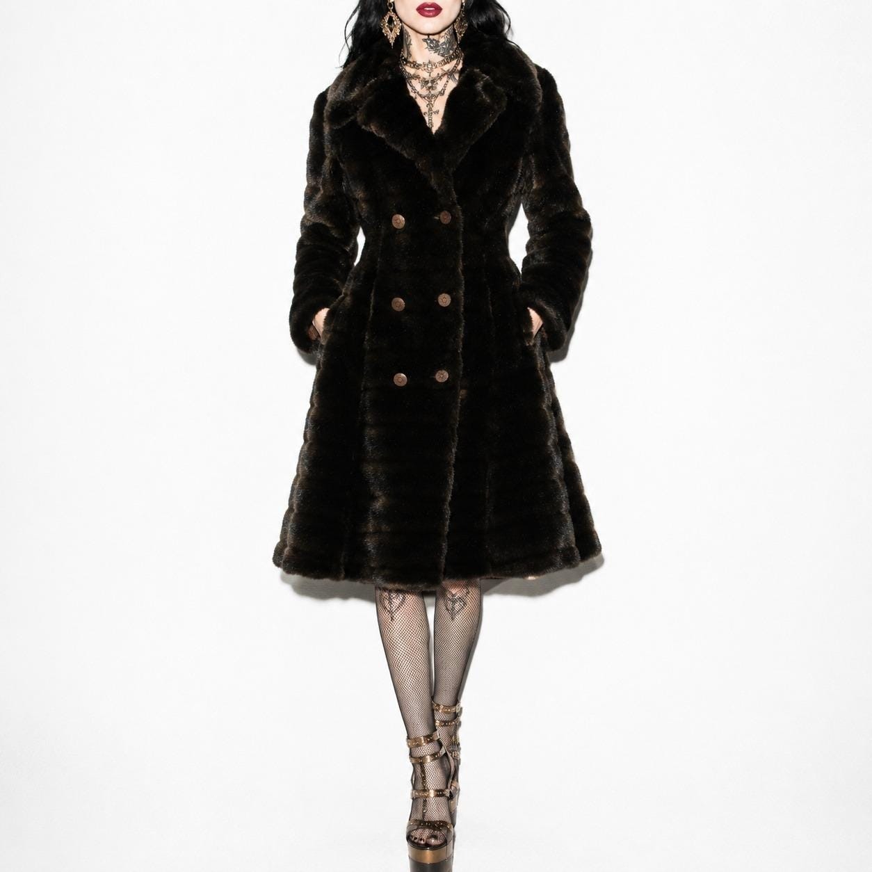 70s Vintage Double Breasted Faux Fur Coat Womens S Dark Brown Snatched Statement